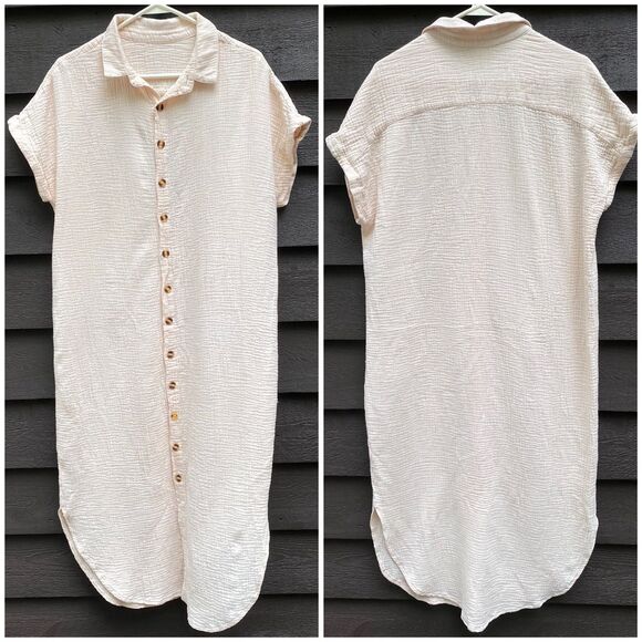Womens Oversized Shirt Dress M Nude Pink Textured Gauze Button Down Side Slits - Picture 1 of 16